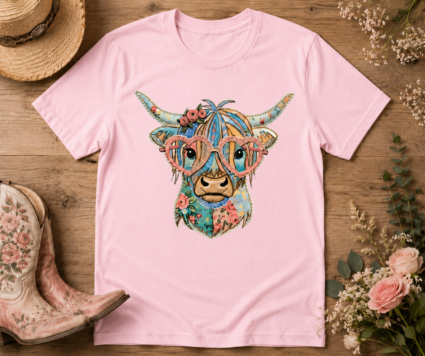 Cute Highland Cow Graphic Tee – Floral Shirt
