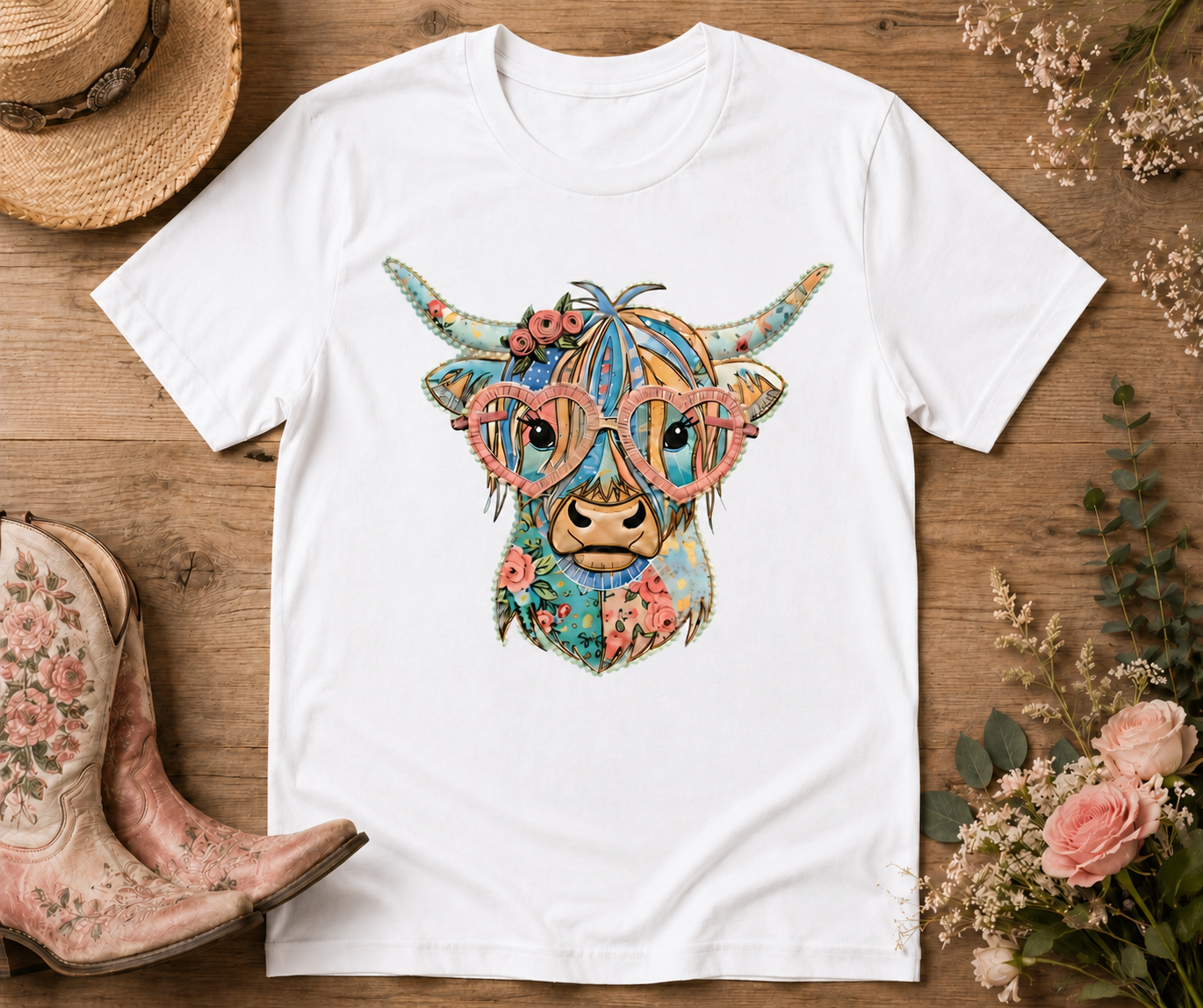 Cute Highland Cow Graphic Tee – Floral Shirt