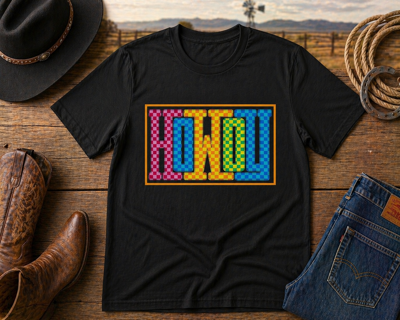 Howdy Western Shirt | Colorful Checkered Cowboy Graphic Tee | Retro Western Aesthetic Shirt