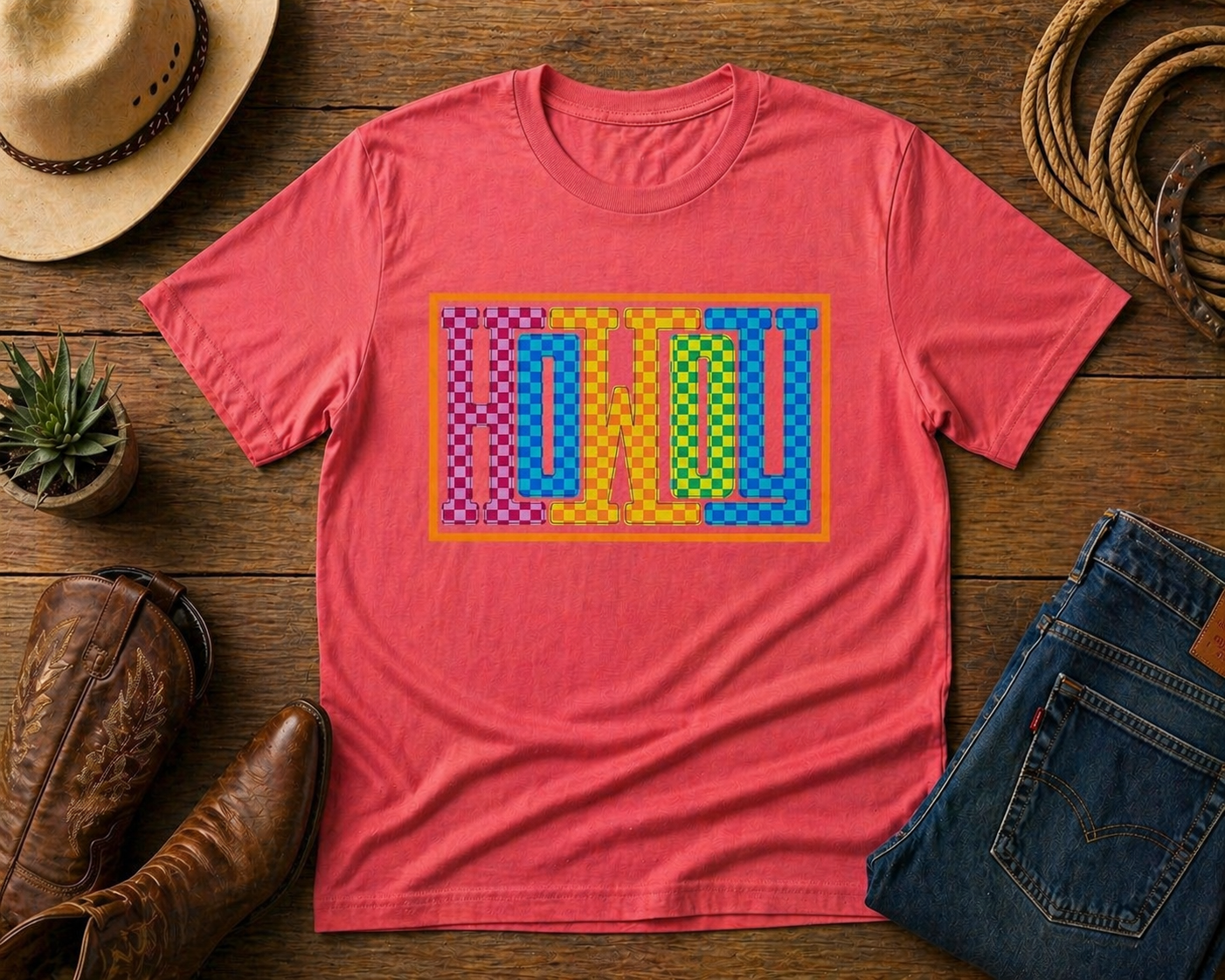 Howdy Western Shirt | Colorful Checkered Cowboy Graphic Tee | Retro Western Aesthetic Shirt