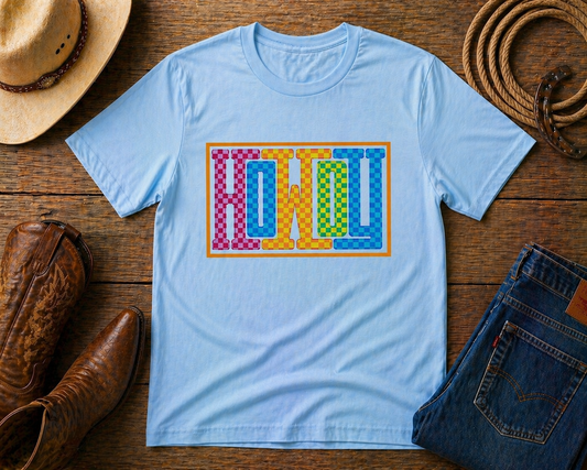 Howdy Western Shirt | Colorful Checkered Cowboy Graphic Tee | Retro Western Aesthetic Shirt