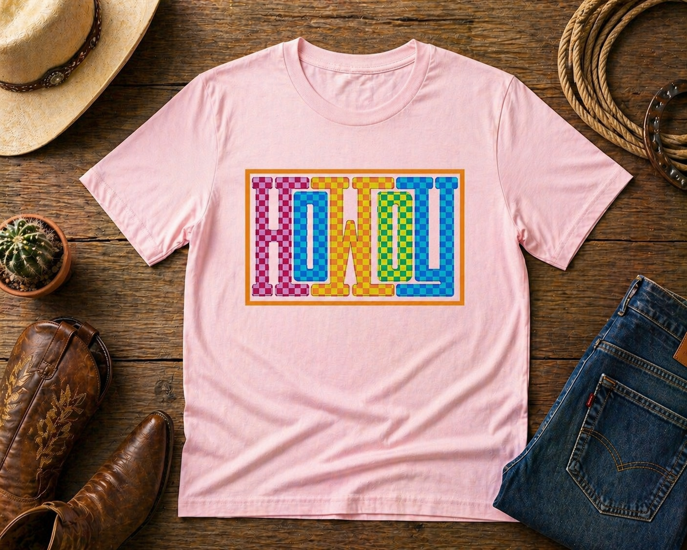 Howdy Western Shirt | Colorful Checkered Cowboy Graphic Tee | Retro Western Aesthetic Shirt