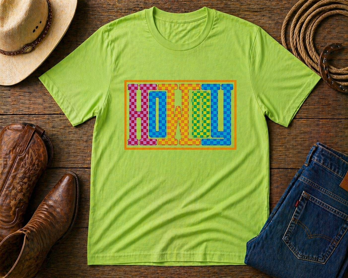 Howdy Western Shirt | Colorful Checkered Cowboy Graphic Tee | Retro Western Aesthetic Shirt