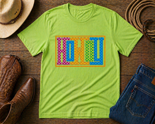 Howdy Western Shirt | Colorful Checkered Cowboy Graphic Tee | Retro Western Aesthetic Shirt