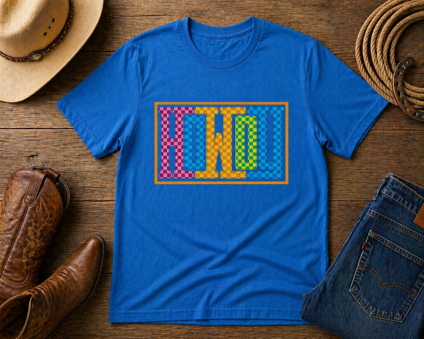 Howdy Western Shirt | Colorful Checkered Cowboy Graphic Tee | Retro Western Aesthetic Shirt