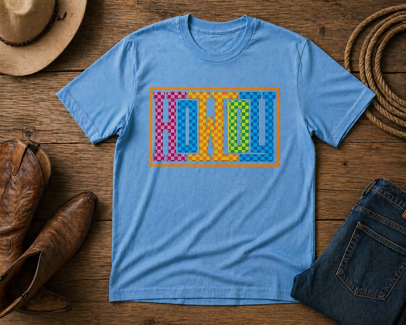 Howdy Western Shirt | Colorful Checkered Cowboy Graphic Tee | Retro Western Aesthetic Shirt