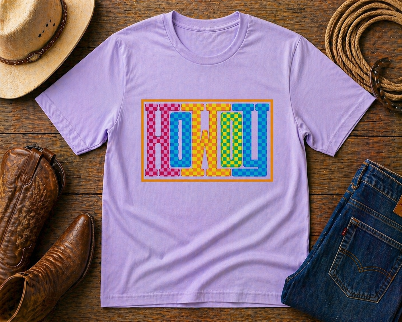 Howdy Western Shirt | Colorful Checkered Cowboy Graphic Tee | Retro Western Aesthetic Shirt