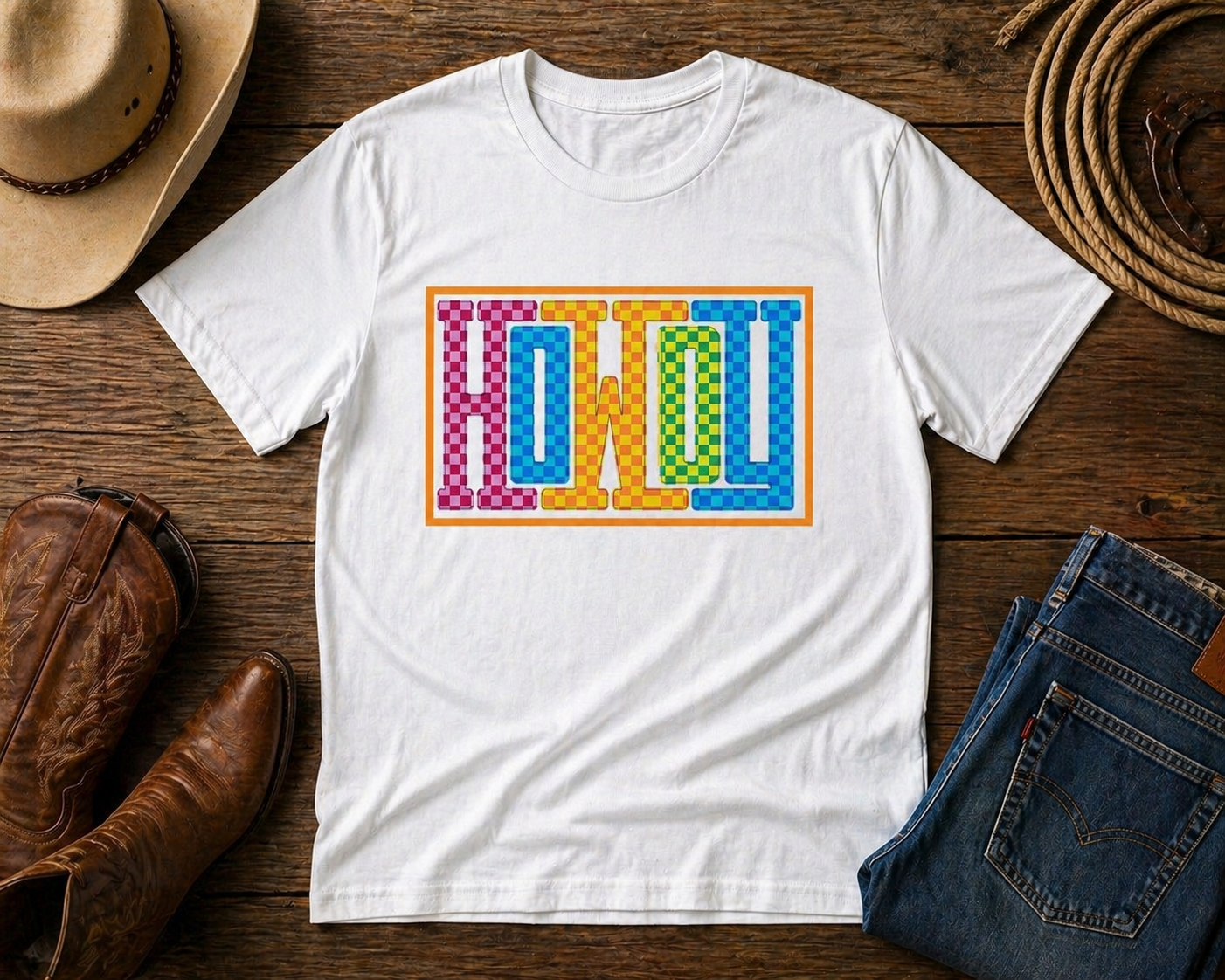 Howdy Western Shirt | Colorful Checkered Cowboy Graphic Tee | Retro Western Aesthetic Shirt