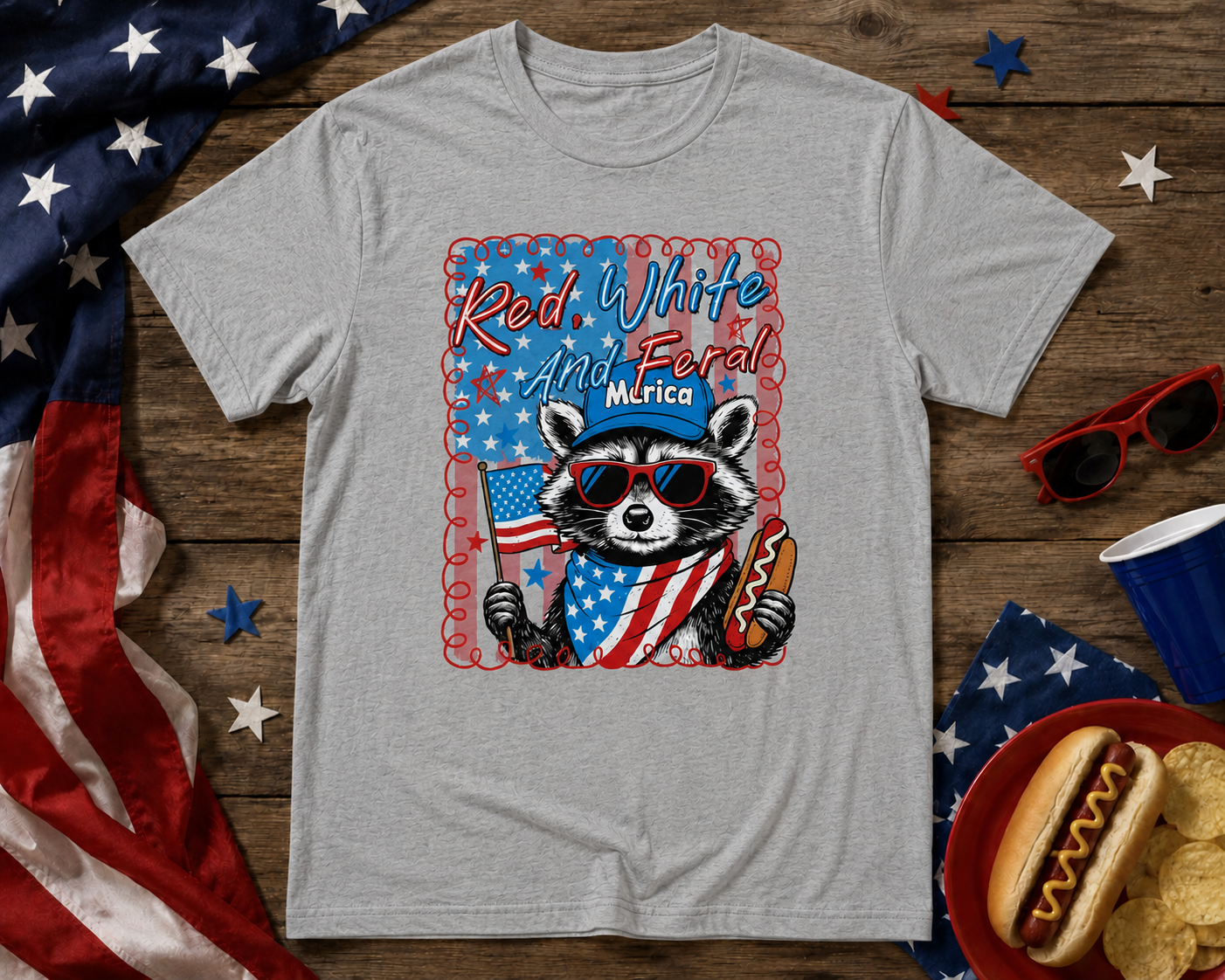 Red White & Feral Raccoon Graphic Tee | Funny Patriotic Fourth of July Shirt for Women & Men