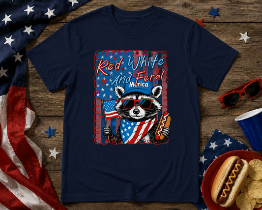Red White & Feral Raccoon Graphic Tee | Funny Patriotic Fourth of July Shirt for Women & Men