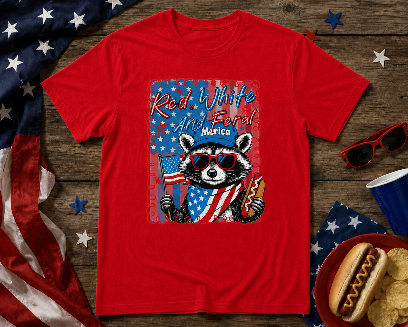 Red White & Feral Raccoon Graphic Tee | Funny Patriotic Fourth of July Shirt for Women & Men