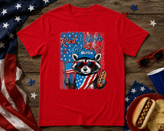 Red White & Feral Raccoon Graphic Tee | Funny Patriotic Fourth of July Shirt for Women & Men