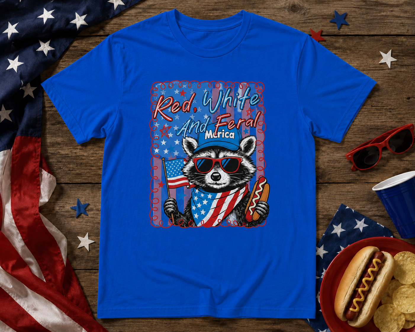 Red White & Feral Raccoon Graphic Tee | Funny Patriotic Fourth of July Shirt for Women & Men