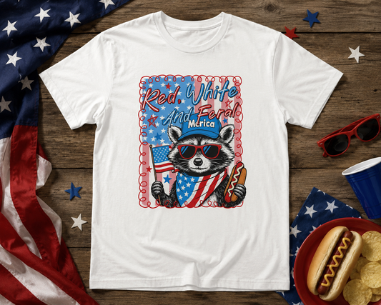 Red White & Feral Raccoon Graphic Tee | Funny Patriotic Fourth of July Shirt for Women & Men
