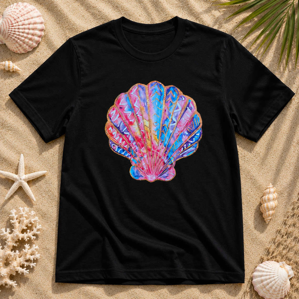 Faux Glitter Seashell Graphic Tee – Coastal Beach Shirt