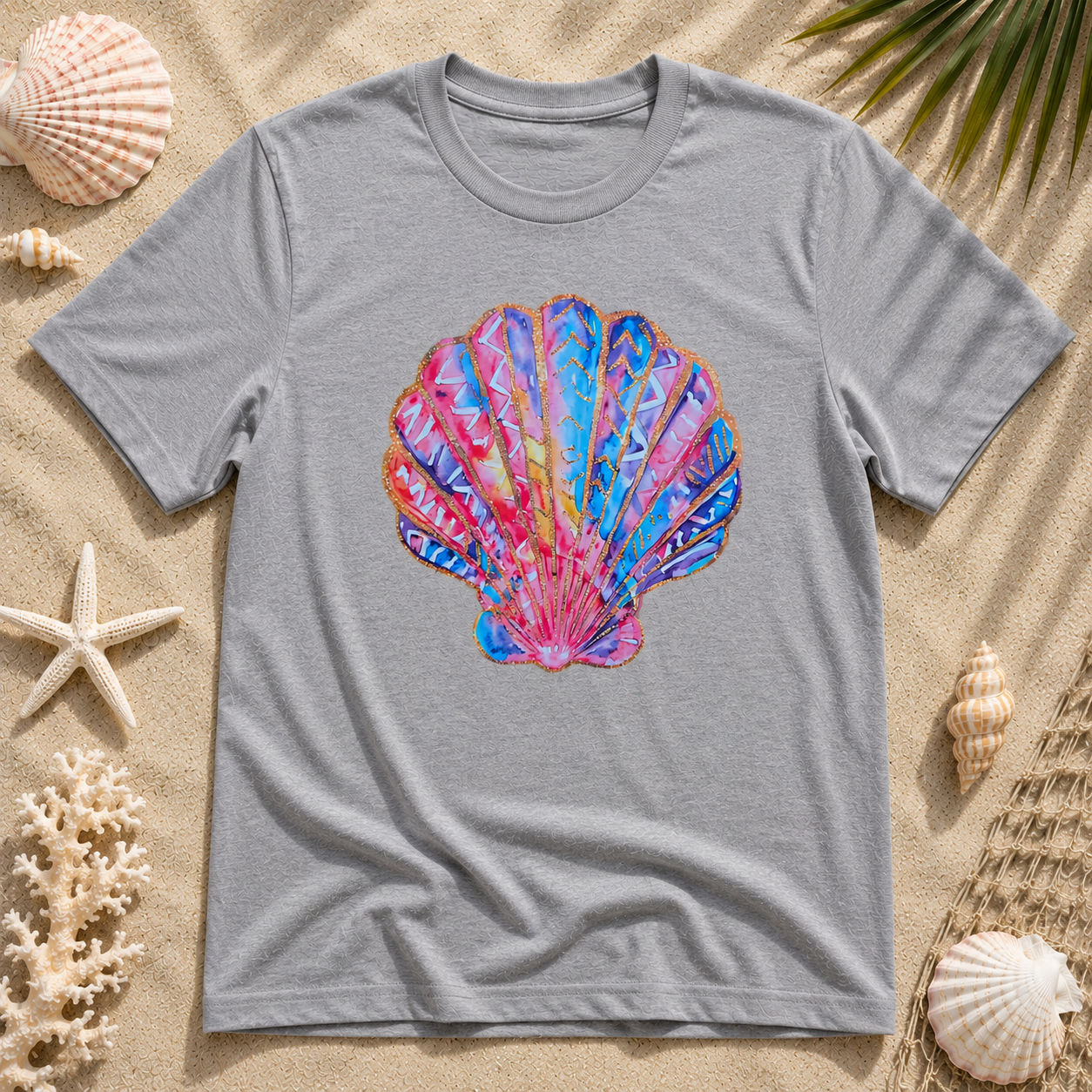 Faux Glitter Seashell Graphic Tee – Coastal Beach Shirt