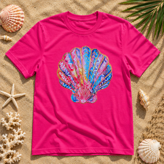 Faux Glitter Seashell Graphic Tee – Coastal Beach Shirt