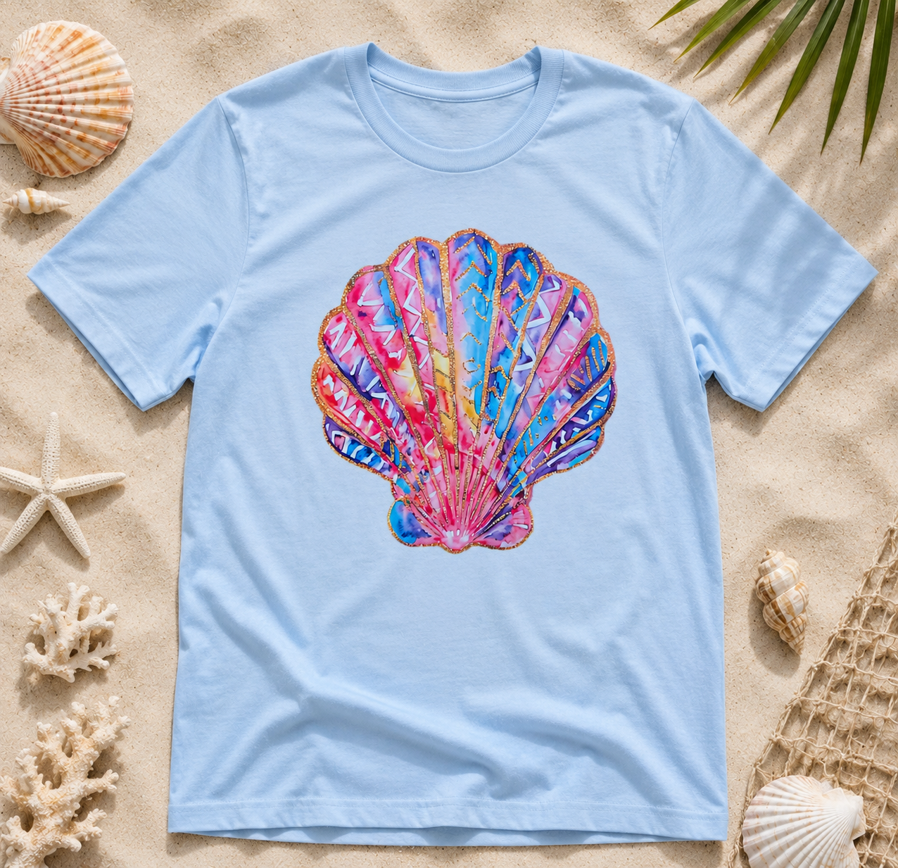 Faux Glitter Seashell Graphic Tee – Coastal Beach Shirt