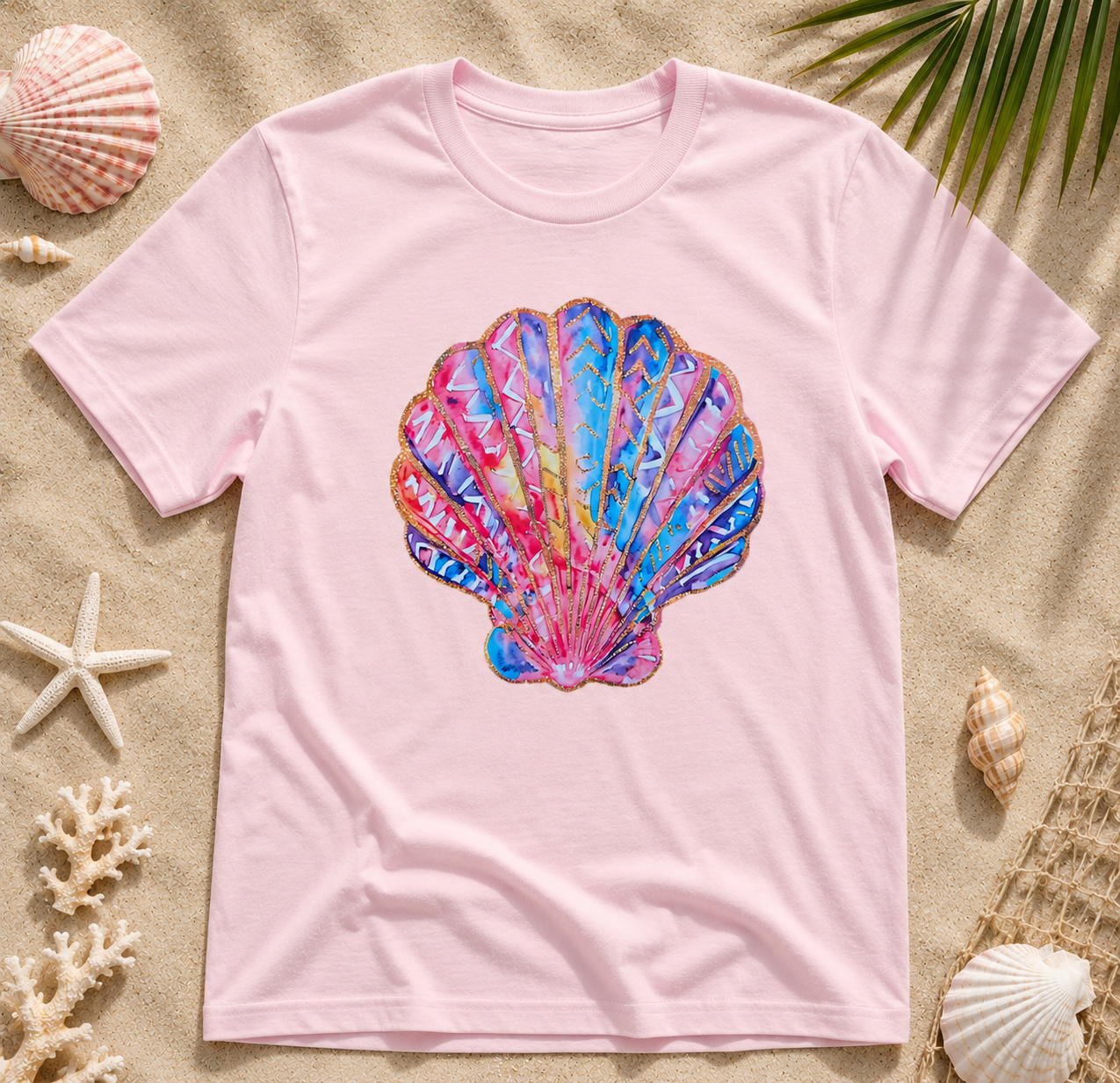 Faux Glitter Seashell Graphic Tee – Coastal Beach Shirt