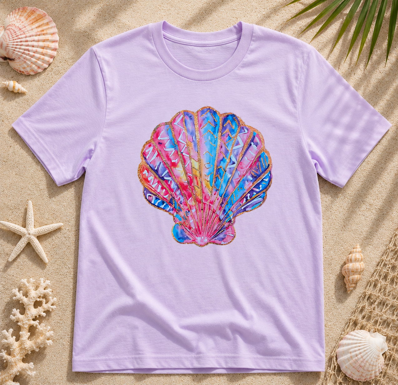 Faux Glitter Seashell Graphic Tee – Coastal Beach Shirt
