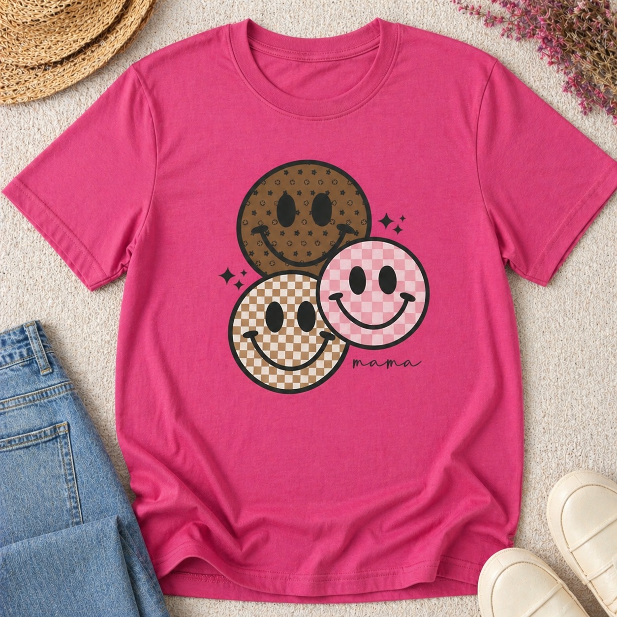 Smiley Mama Shirt | Checkered Happy Face Mom Graphic Tee | Neutral Aesthetic Mama Shirt