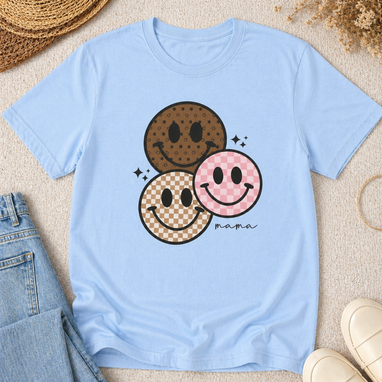 Smiley Mama Shirt | Checkered Happy Face Mom Graphic Tee | Neutral Aesthetic Mama Shirt