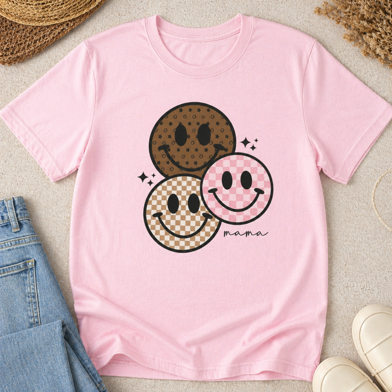 Smiley Mama Shirt | Checkered Happy Face Mom Graphic Tee | Neutral Aesthetic Mama Shirt