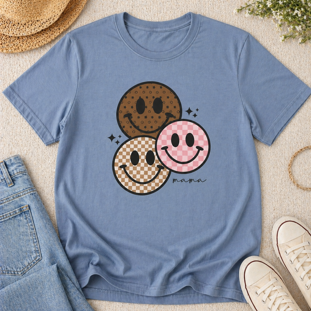 Smiley Mama Shirt | Checkered Happy Face Mom Graphic Tee | Neutral Aesthetic Mama Shirt