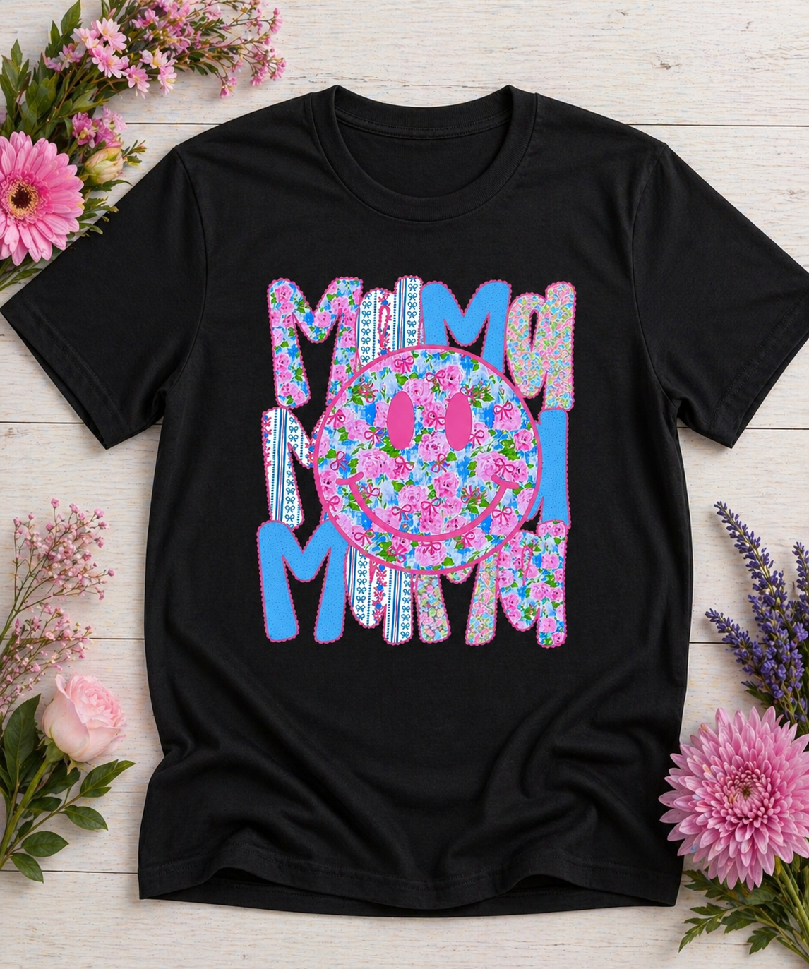 Floral Smiley Mama Shirt | Cute Patterned Happy Face Mom Tee