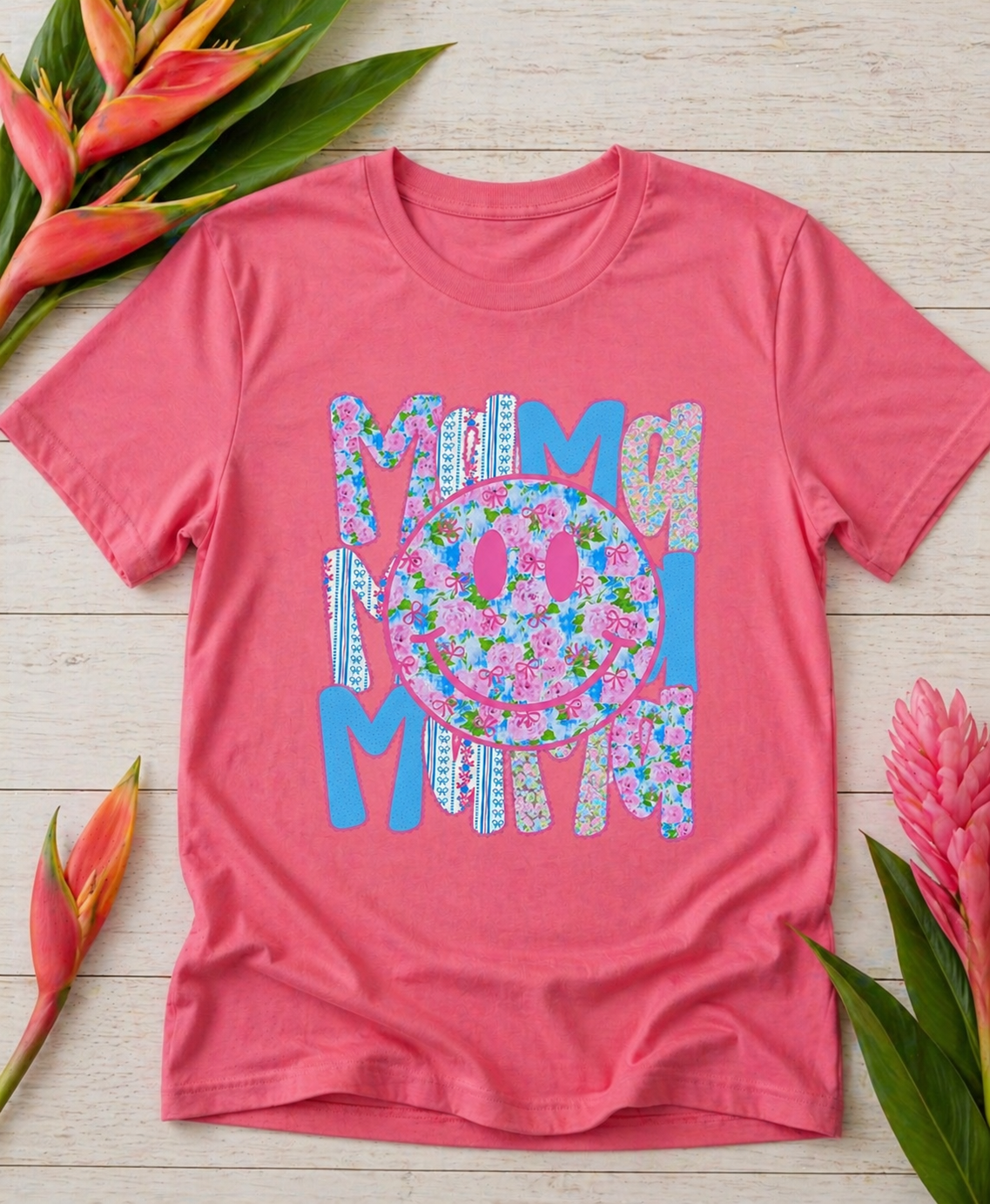 Floral Smiley Mama Shirt | Cute Patterned Happy Face Mom Tee