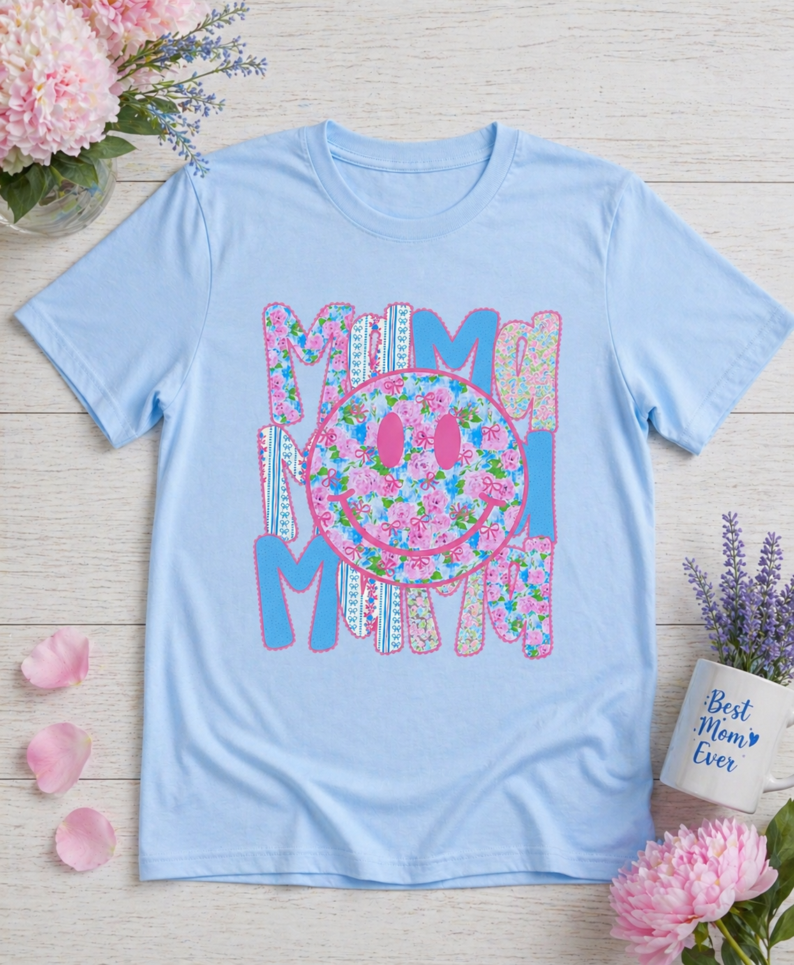 Floral Smiley Mama Shirt | Cute Patterned Happy Face Mom Tee