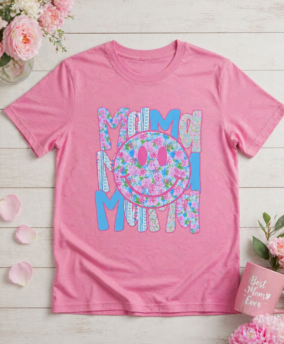 Floral Smiley Mama Shirt | Cute Patterned Happy Face Mom Tee