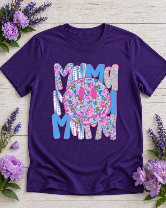 Floral Smiley Mama Shirt | Cute Patterned Happy Face Mom Tee
