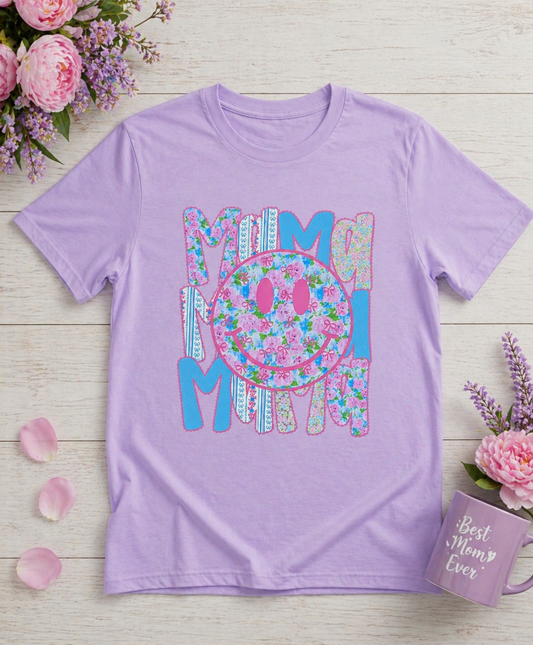 Floral Smiley Mama Shirt | Cute Patterned Happy Face Mom Tee
