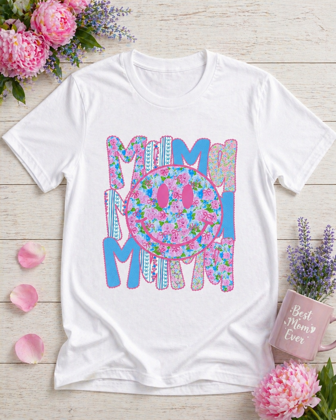 Floral Smiley Mama Shirt | Cute Patterned Happy Face Mom Tee