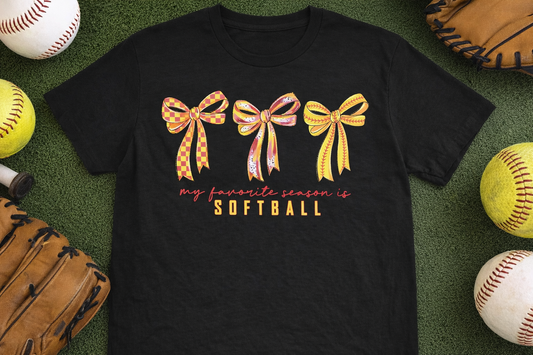“My Favorite Season Is Softball” Bow Graphic Tee | Cute Softball Mom Shirt | Softball Season T-Shirt | Game Day Sports Tee | Girls Softball Fan Shirt