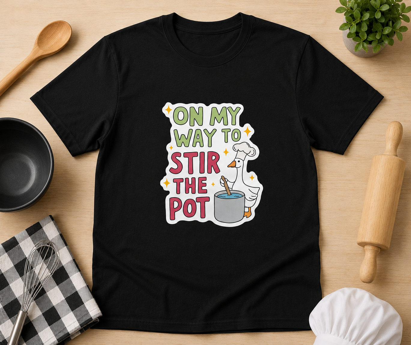 “On My Way to Stir The Pot” Funny Goose Chef Graphic Tee | Sarcastic Cooking Shirt