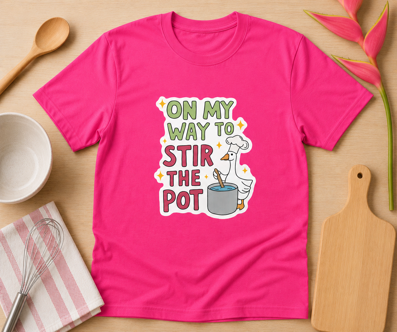 “On My Way to Stir The Pot” Funny Goose Chef Graphic Tee | Sarcastic Cooking Shirt