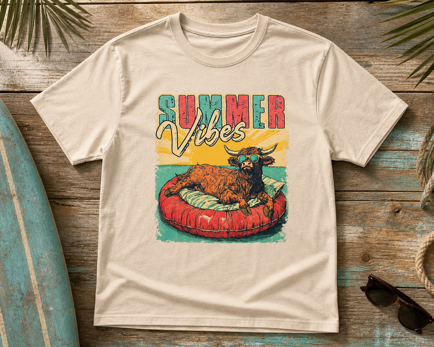 Summer Vibes Cow Shirt – Funny Highland Cow Pool Float Graphic Tee