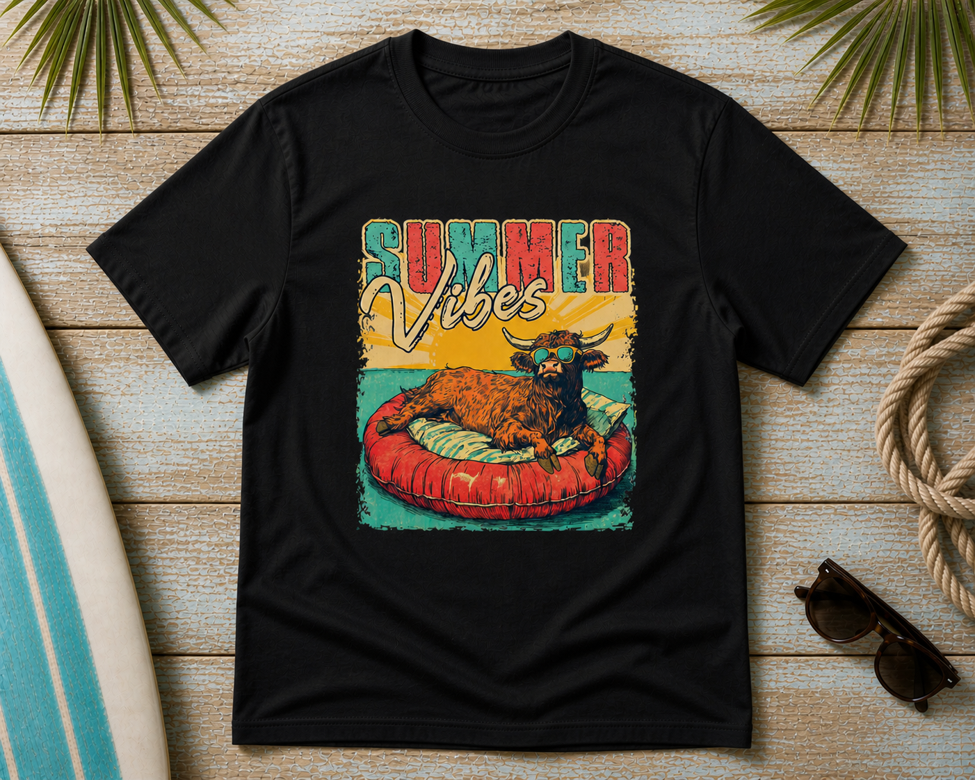 Summer Vibes Cow Shirt – Funny Highland Cow Pool Float Graphic Tee