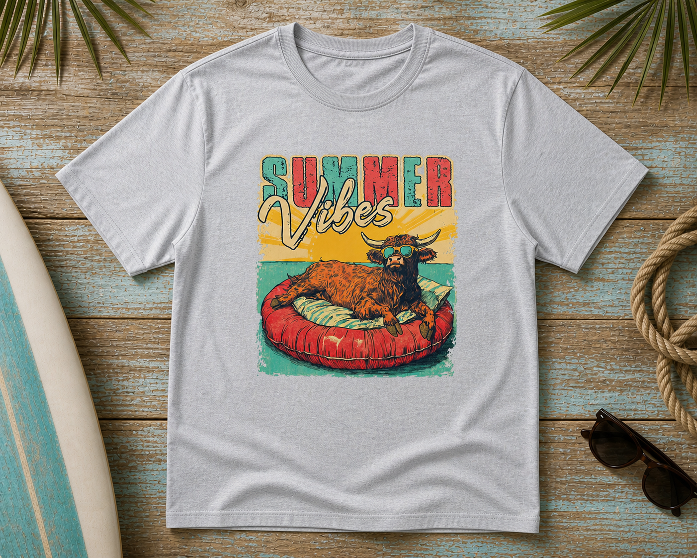 Summer Vibes Cow Shirt – Funny Highland Cow Pool Float Graphic Tee