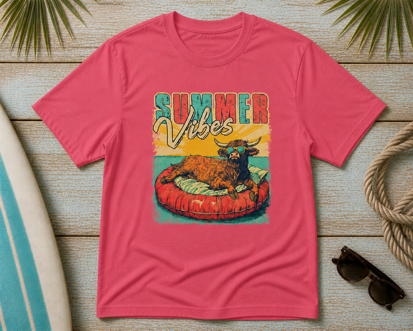 Summer Vibes Cow Shirt – Funny Highland Cow Pool Float Graphic Tee