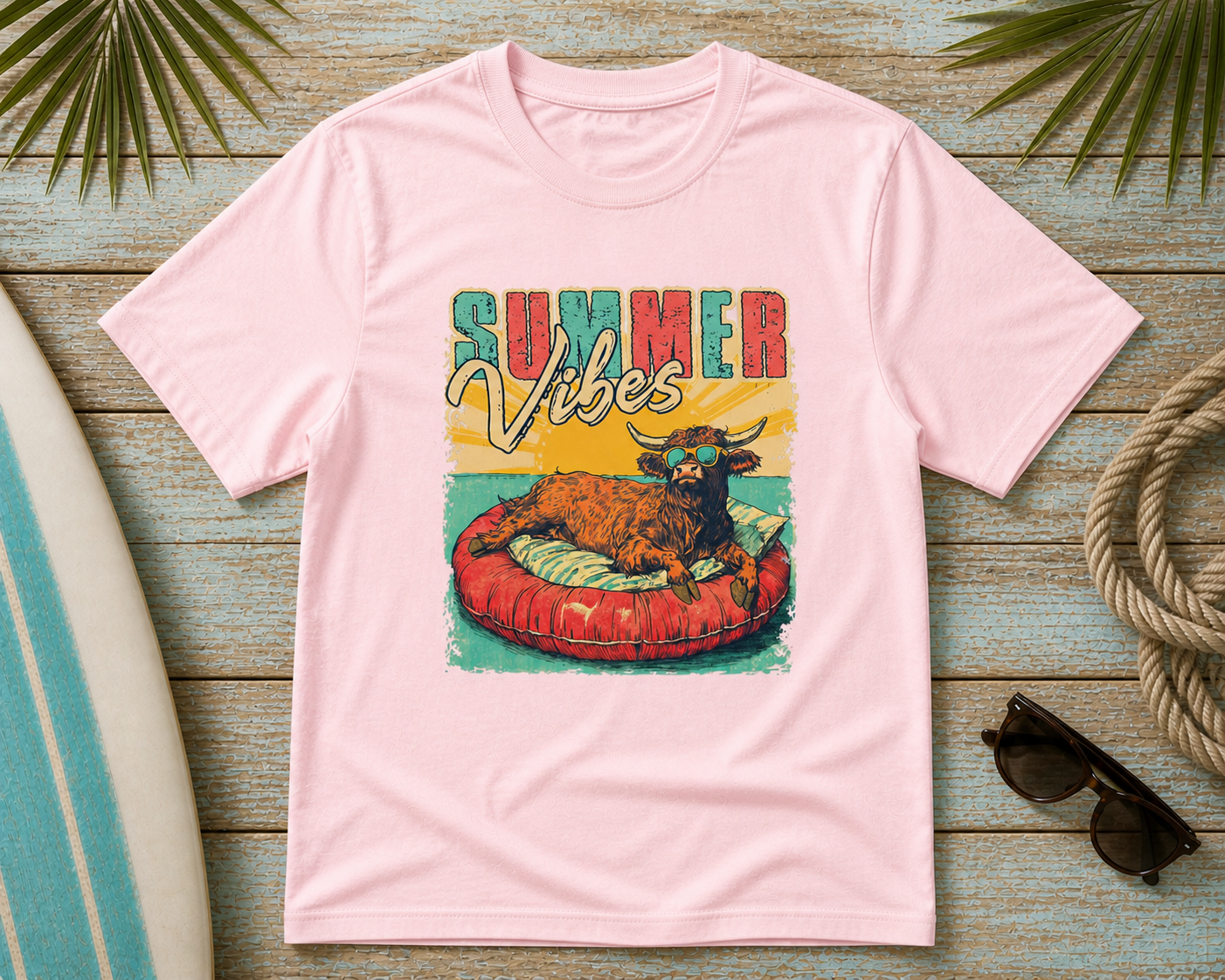 Summer Vibes Cow Shirt – Funny Highland Cow Pool Float Graphic Tee