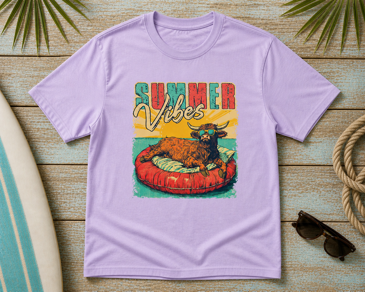 Summer Vibes Cow Shirt – Funny Highland Cow Pool Float Graphic Tee