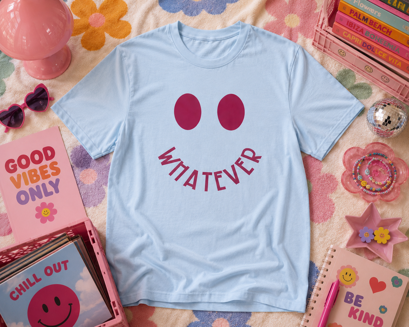 Whatever Smiley Face Graphic Tee | Trendy Pink Smiley Shirt