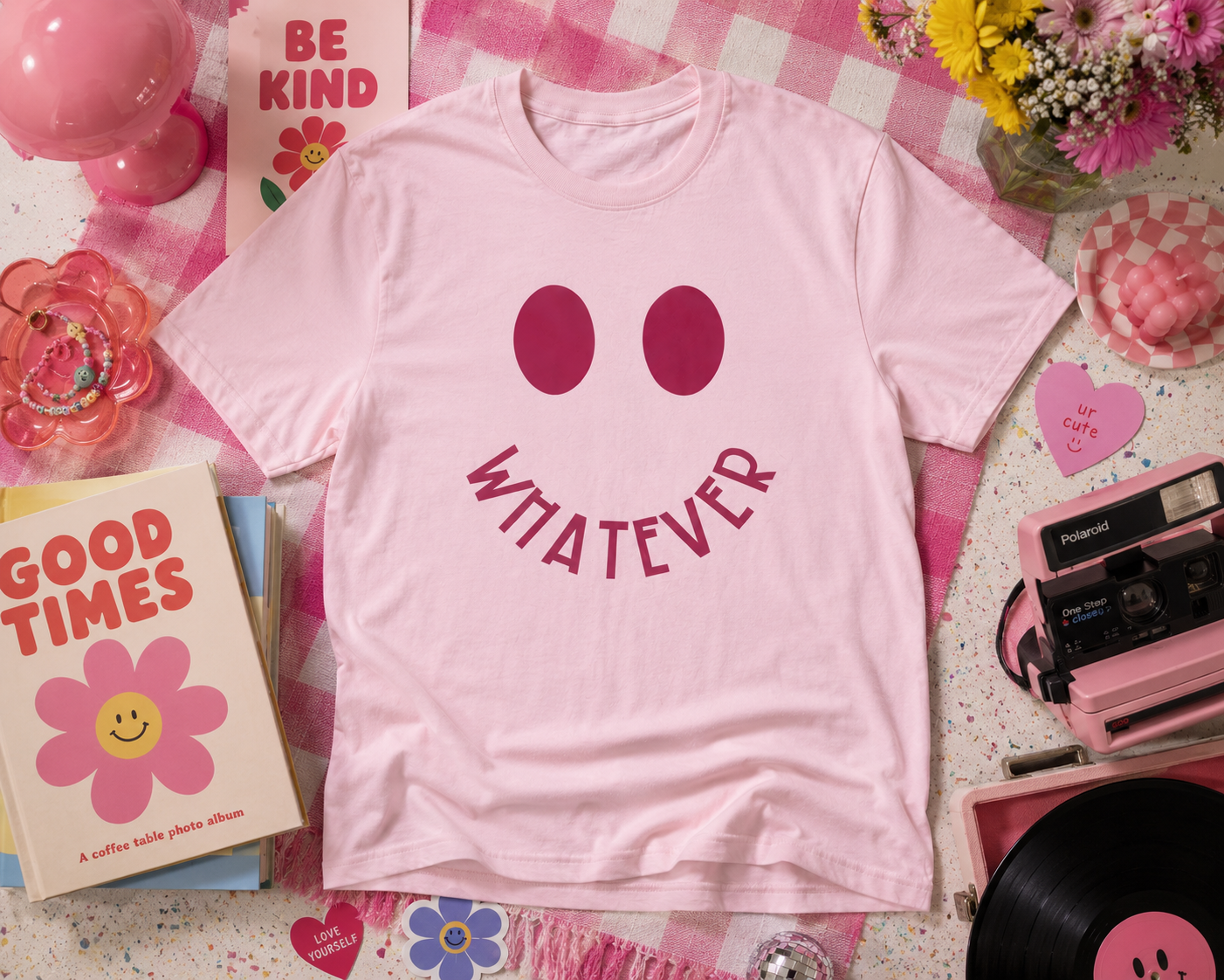 Whatever Smiley Face Graphic Tee | Trendy Pink Smiley Shirt
