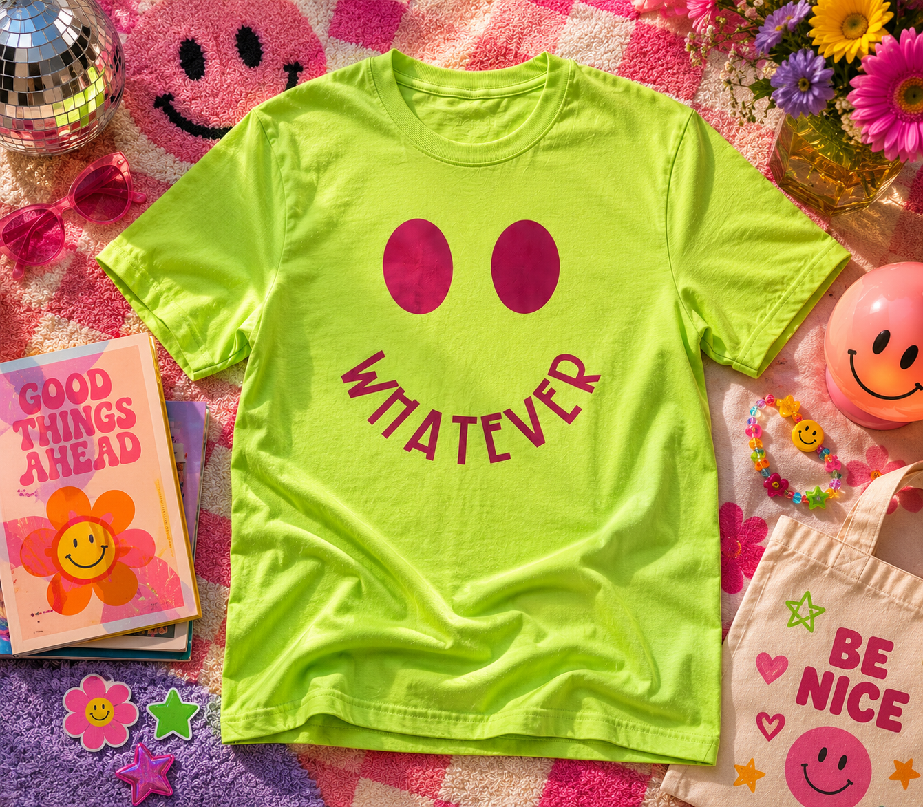 Whatever Smiley Face Graphic Tee | Trendy Pink Smiley Shirt