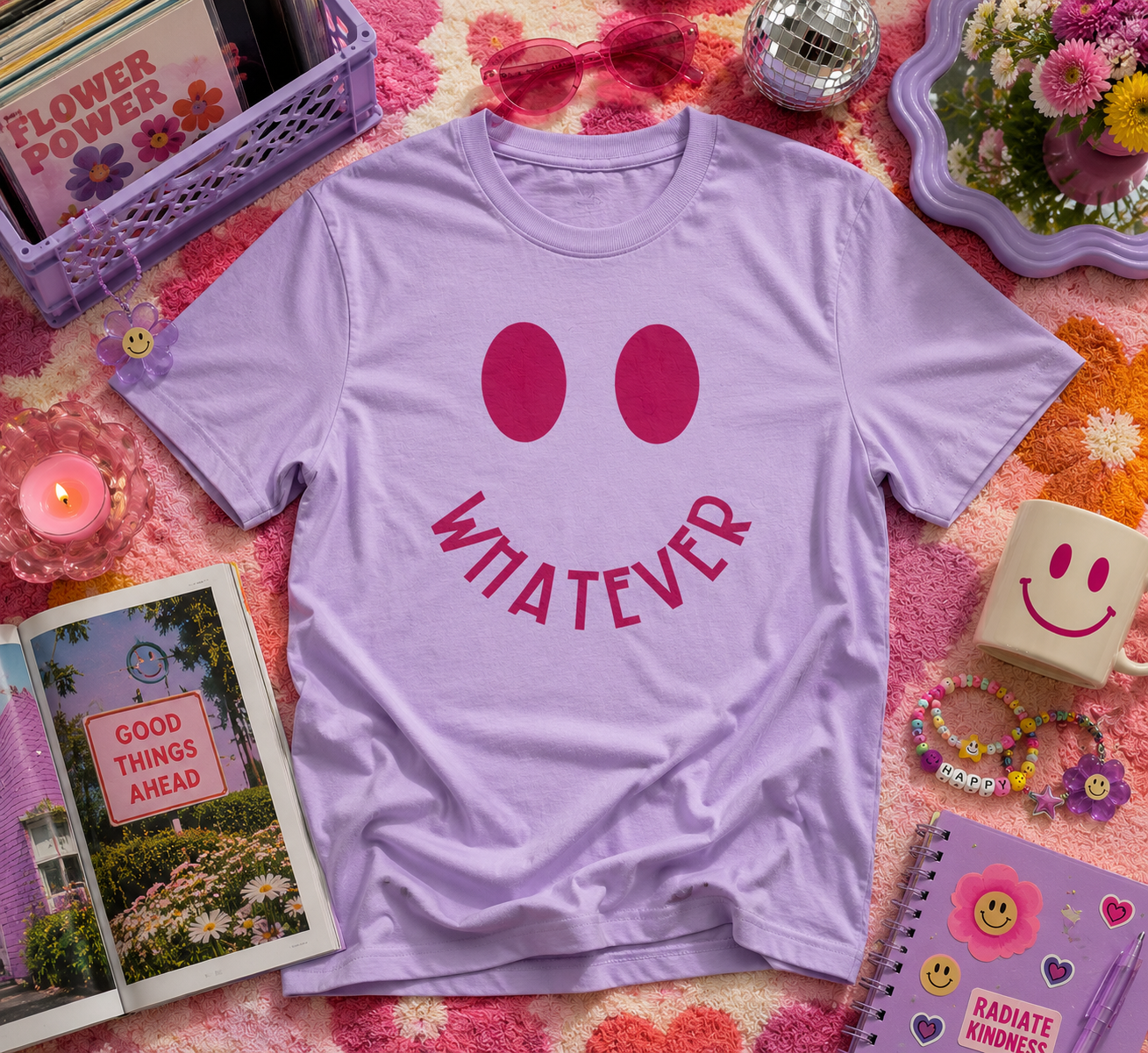 Whatever Smiley Face Graphic Tee | Trendy Pink Smiley Shirt
